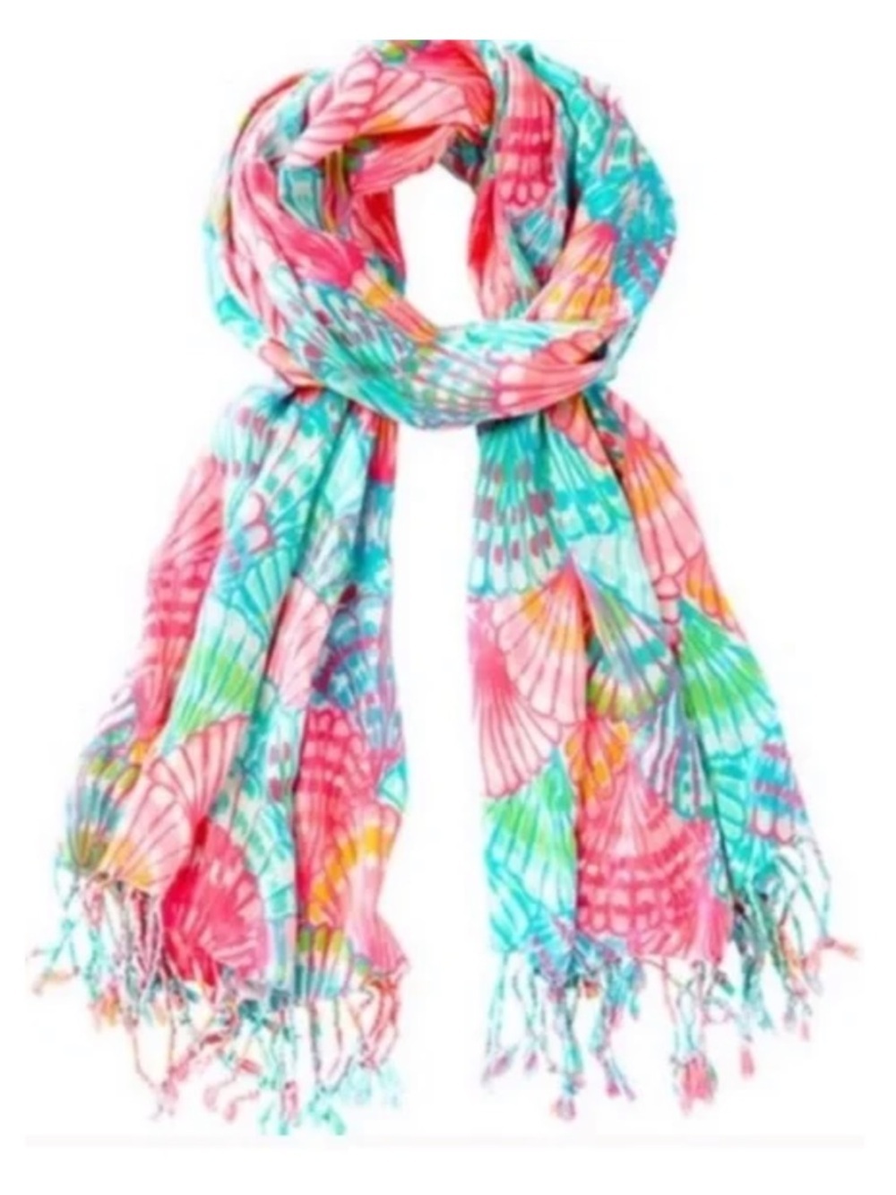 Lilly Pulitzer Oh Shello Murfee Wrap Scarf  Pink, Aqua & Green Shell Tassels